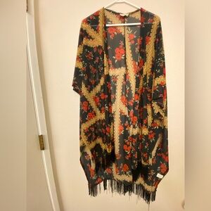Ember Floral Boho Fringe Festival Kimono Duster Cardigan Fringe mesh sheer Large